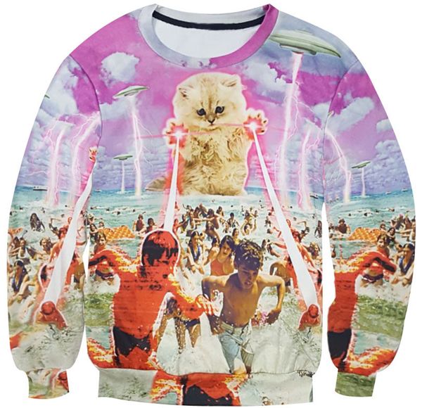 

wholesale- kitten laser cats 3d printed sweatshirt beach graphic o-neck hoodies space galaxy pullover men women clothing, Black