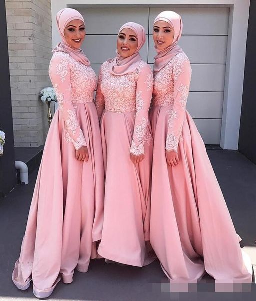 Erröten Rosa 2019 Muslim Brautjungfernkleider Mannschafts-lange Ärmel Applikationen Abend Kleider A-line Modest Maid Of Honor Kleider