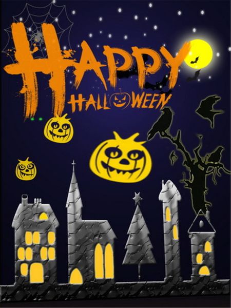 Fröhlicher Halloween-Hintergrund, Fotografie, Nachthimmel mit Vollmond, glitzernde Sterne, Stadthäuser, Kinder, Cartoon-Hintergrund