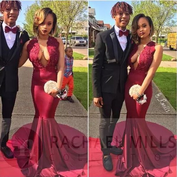 

бордовые русалка пром платья 2017 глубокий v шеи без рукавов кружева top stretch satin длинный поезд 2k17 африканских вечерние платья формал, Black