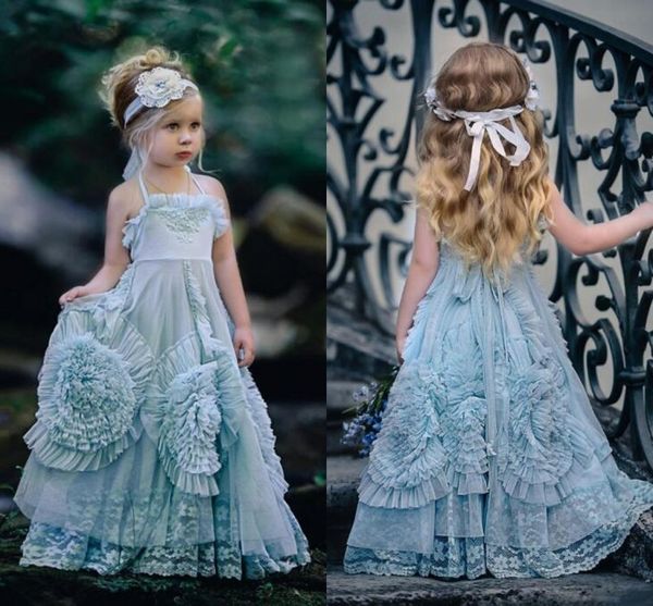 Abiti da ragazza di fiori con capestro azzurro cielo Abiti da cerimonia di compleanno per bambini con balze in chiffon senza schienale Abiti da spettacolo economici