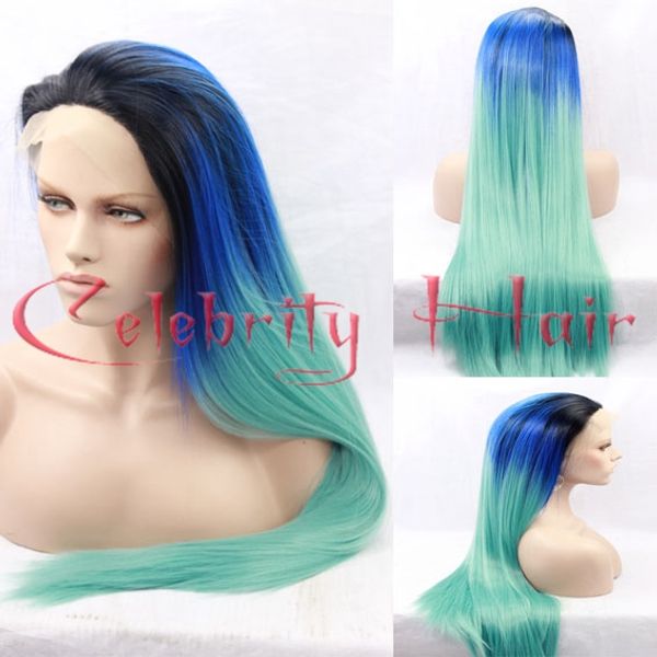 

черный / синий / зеленый три тона синтетический парик фронта шнурка шелковистый прямой бирюзовый ombre парик фронта шнурка жаропрочных синте, Black