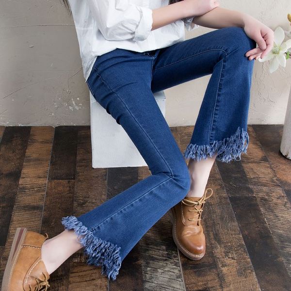 

nine korean women flared jeans waist spring flared wide leg irregular thin trousers fringed edges, Blue