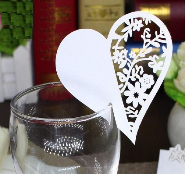 100pcs Hot Hollow Heart Paper Place Card Escort Cup Card Wine Glass Card Paper per Wedding Par Bomboniere