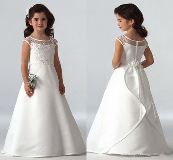 

2017 simple satin cap sleeves a-line flower girls dresses for weddings floor length first communion dresses for girls custom made, White;blue