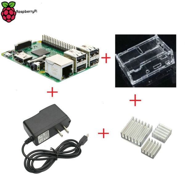 Freeshipping Raspberry Pi 3 Modelo B 1GB Ram 1.2GHz Braço Quad-Core CPU 64 bits com case claro + 5V 2.5A adaptador de energia + dissipador de calor