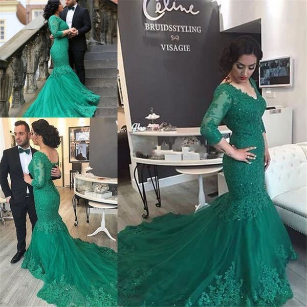 

court-train mermaid tulle appliques v-neck prom dress 3/4 sleeves green plus size evening dress with crystals vestido festa, Black