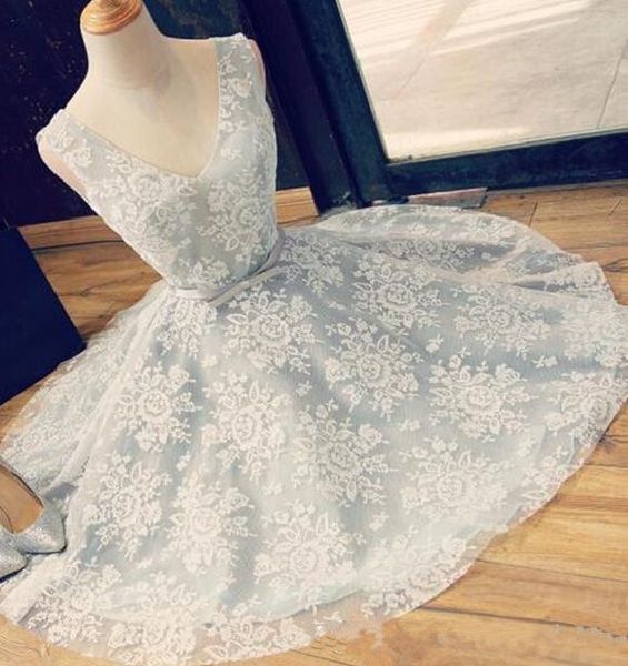 

2017 new v neck light blue lace a line short homecoming dresses sash backless mini party short cocktail prom dresses custom made, Blue;pink