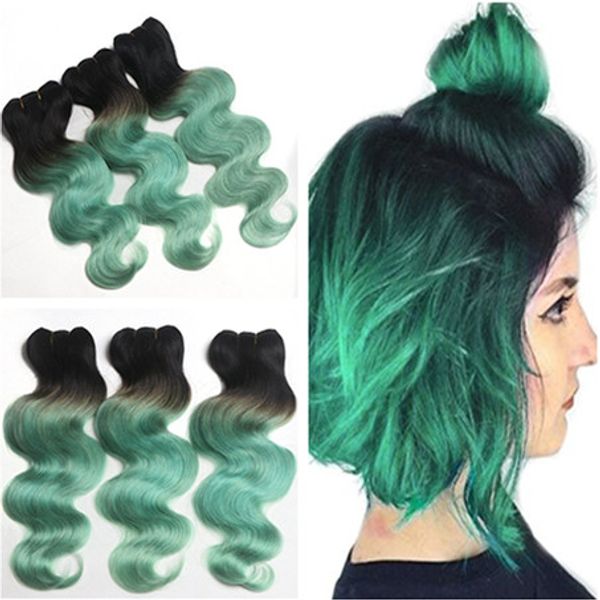 Virgin Peruvian Green Ombre Human Hair Weaves Body Wave Dark Root