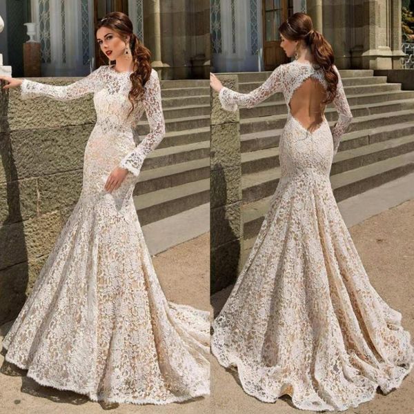

full lace mermaid wedding dresses 2019 bodice fitted long sleeve backless open back trumpt ivory lace sweep train wedding dress bridal gowns, White