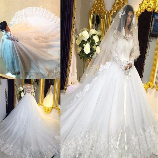 

romantic lace appliques 3d floral ball gown wedding dresses vintage long sleeves chapel train formal church bridal gowns arabic muslim, White