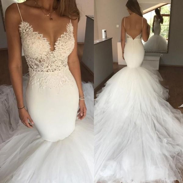 

слоновая кость спагетти ремни boho русалка пляж свадебное платье спинки свадебные кружева тюль длинный поезд дешевые свадебные платья для не, White