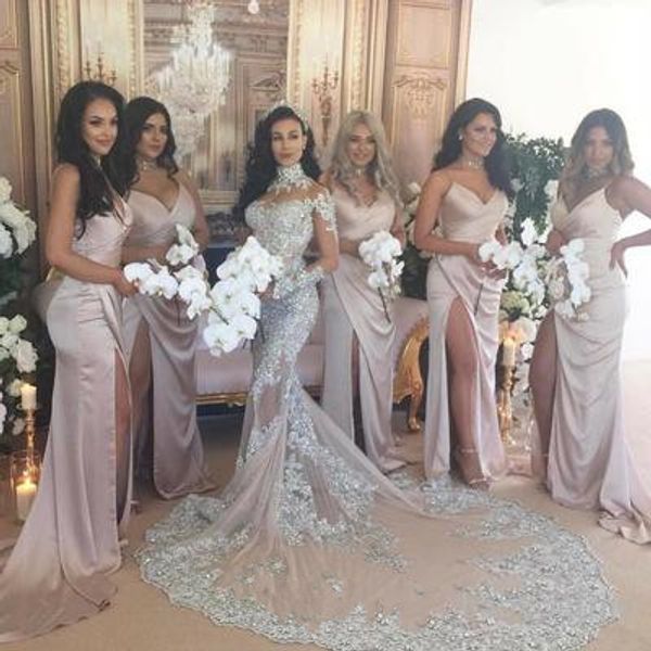 2017 Pink Sexy Backless Spaghetti Straps Bridesmaid Dresses Sheath