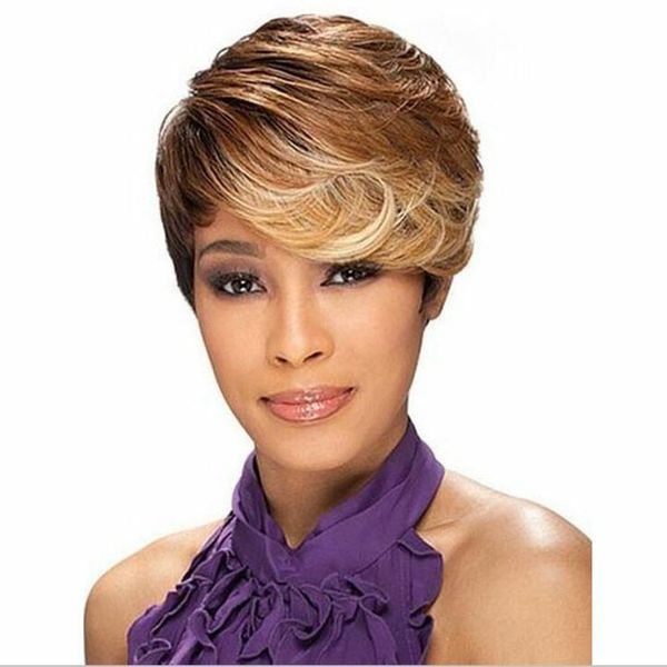 Ombre Short Wigs For Black Women Black Rooted Side Bangs Blonde
