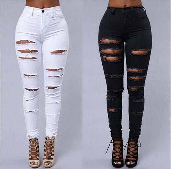 

wholesale- new women ladies black white ripped denim jeans femme casual washed holes jeans push up torn damage vintage pants, Blue