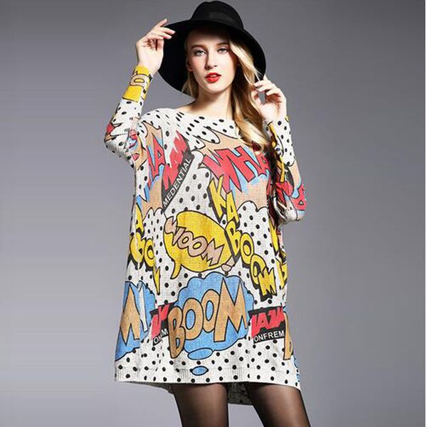 

womens baggy comic print knit pullover sweater jumper knitwear batwing sleeve print slash neck knitted winter women clothing, White