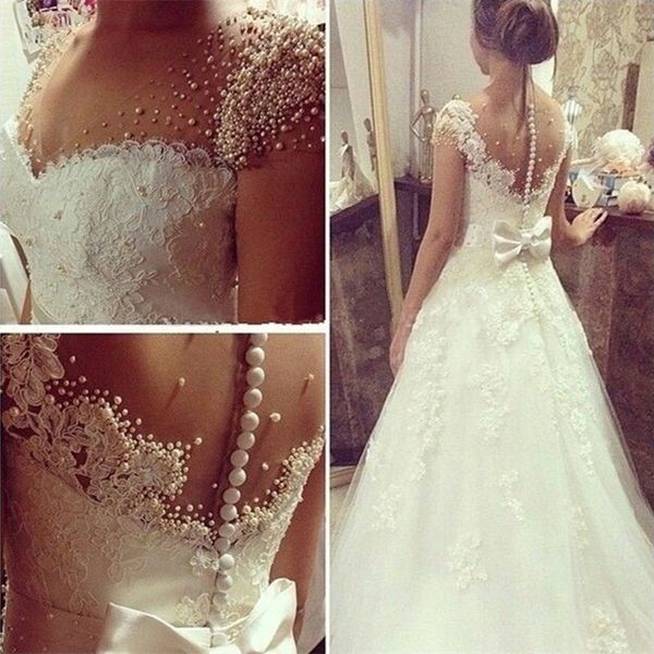 

lace wedding dress vestidos de novia with bow short sleeve sweetheart beaded pearls sheer buttons back court train bridal gowns, White