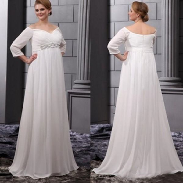 

plus size wedding dresses chiffon simple new spring summer beaded sash three quarter sleeve custom made pregnant bridal gowns modern popular, White