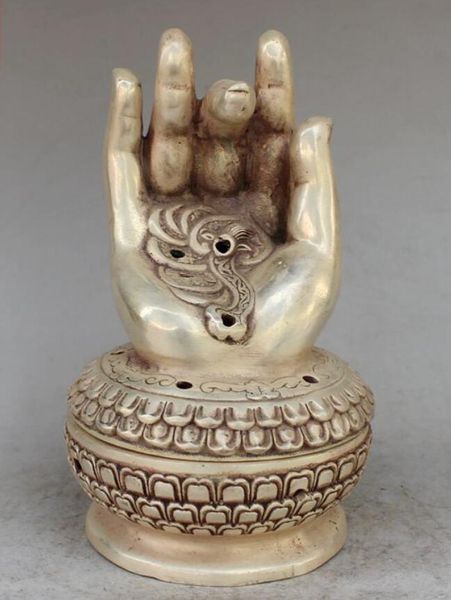 Chine Argent Kwan-yin yin Main Lotus Ruyi d'argent Encensoir Statue