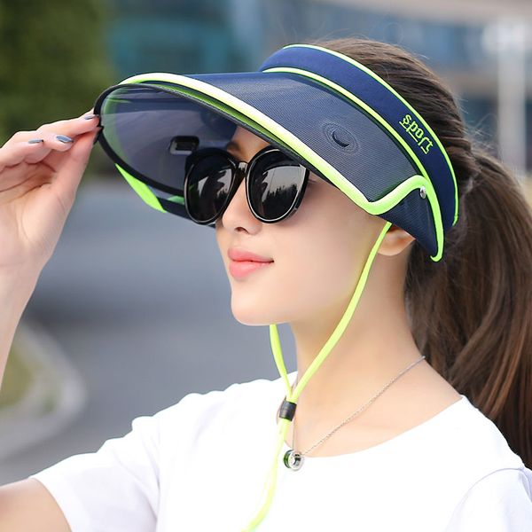 

wholesale- retractable sun hat visor summer empty hats fashion visors women foldable wide brim with ears rolled visor hat plastic uv, Blue;gray