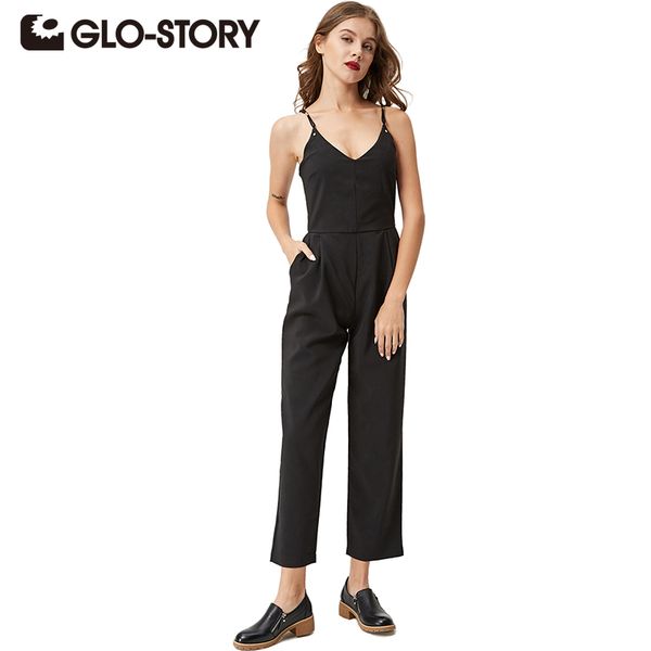 

wholesale- glo-story 2017 new summer women's jumpsuit fashion v-neck high waist jumpsuits sleeveless ankle-length pants wyk-4235, Black;white