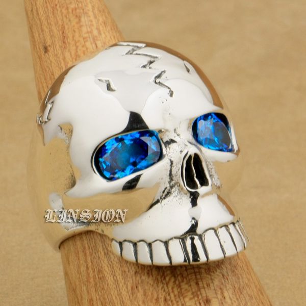 

linsion huge heavy 925 sterling silver blue cz eyes skull mens boys biker rock punk ring 9m109 us size 7~15, Golden;silver
