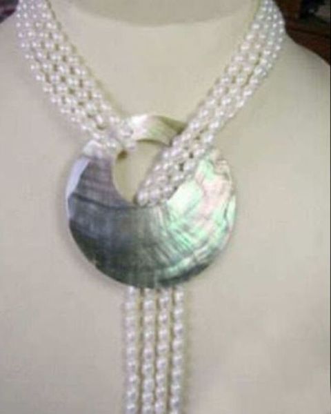 

6-7mm white akoya cultured pearl necklace shell pendant, Silver