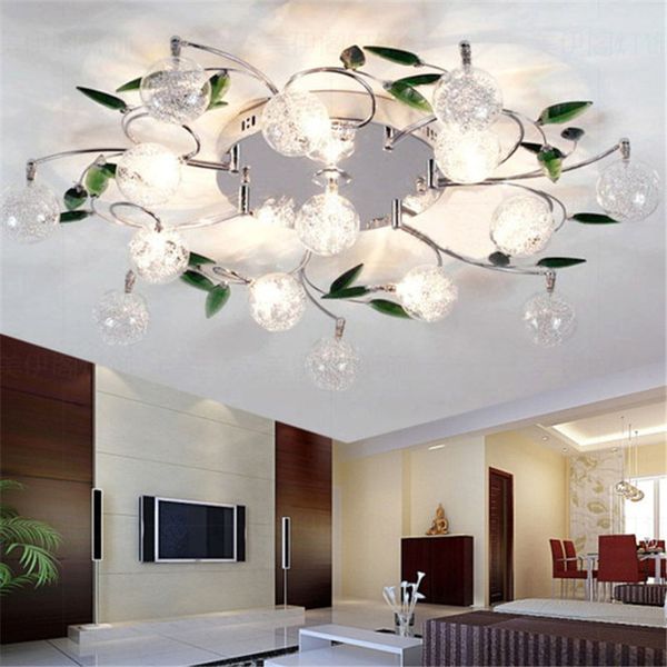 Led Ceiling Light Modern Green Leaves Light Crystal Ball Ceiling