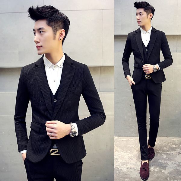 

wholesale- new 3 piece black men suits fashion brand blazers slim fit vest male groom wedding prom formal masculino, White;black