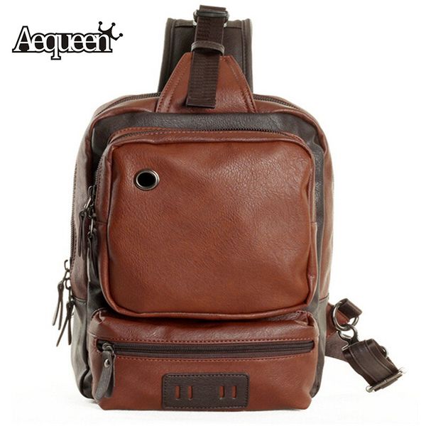 

wholesale- aequeen men chest bag chest pack fashion sling single shoulder strap pack leather travel bag messenger bags with earphone hole