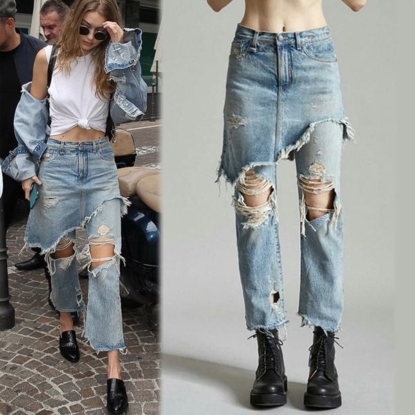 

wholesale- fashion ladies cropped flare distressed jeans women vintage fringe edges tassels ripped jeans femme denim pants with hole, Blue