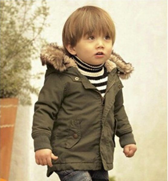 Hot Baby Boys Giacca invernale Cappotto Cappotto spesso verde militare Cappotti con cappuccio in pelliccia rimovibile Abbigliamento per ragazzi per bambini Tenere al caldo Capispalla per bambini