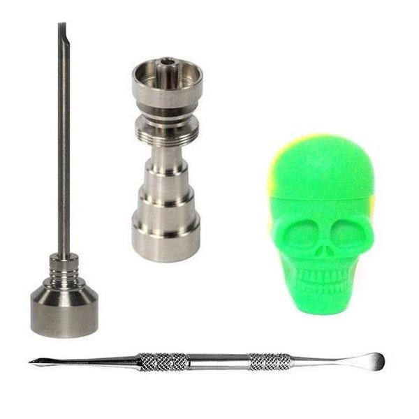 Atacado 10mm 14mm 18mm Ajustável Gr2 Titanium Prego Bong Tool Set com Tampa do Carbono Dabber Ferramenta 15 ml Crânio Forma Slicone Jar Container Dab