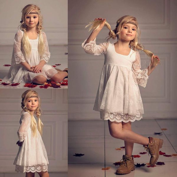 

ivory lace flower girls dresses for wedding with long sleeves a-line first communion dress knee length square neck birthday gowns, White;blue