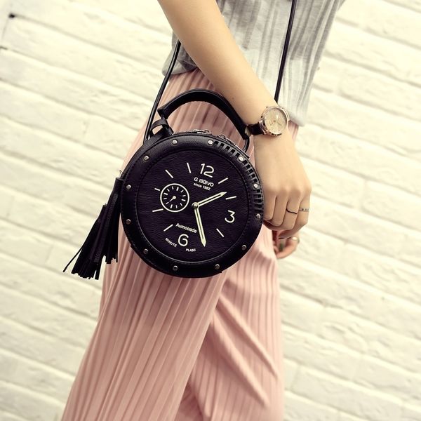 

wholesale- women leather shoulder messenger bags clock models famous cartoon round style fashion 2016 popular crossbody tassels sale