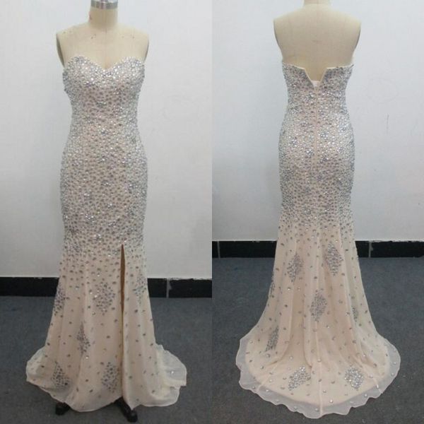 

sweetheart mermaid beaded dresses real image champagne chiffon crystals evening dress prom party gowns split sweep train zipper back, Black;red