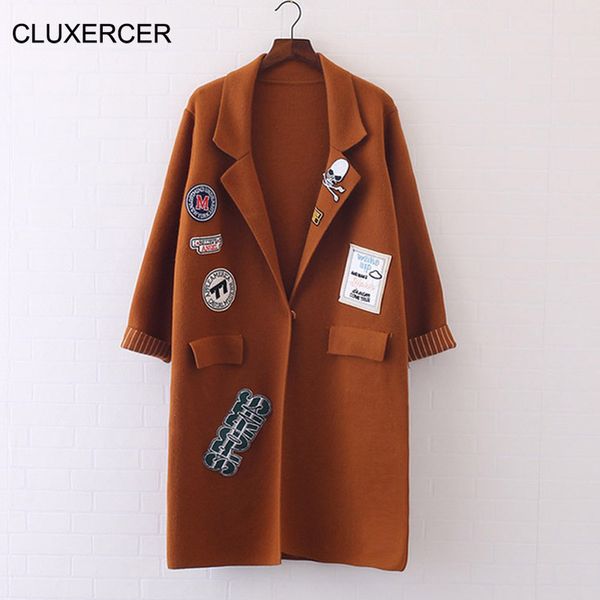 

wholesale- cluxercer brand cardigan women embroidery badge long sleeve knitted sweaters long cardigans mori girl long coat, White;black