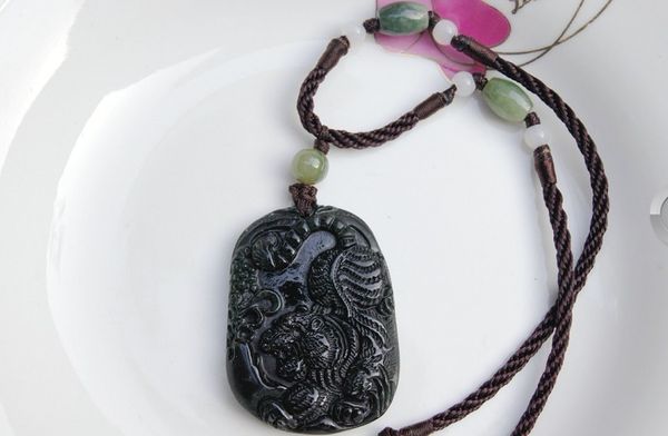 

manual sculpture natural oil green jade pendant. the tiger pendants, talisman, Silver