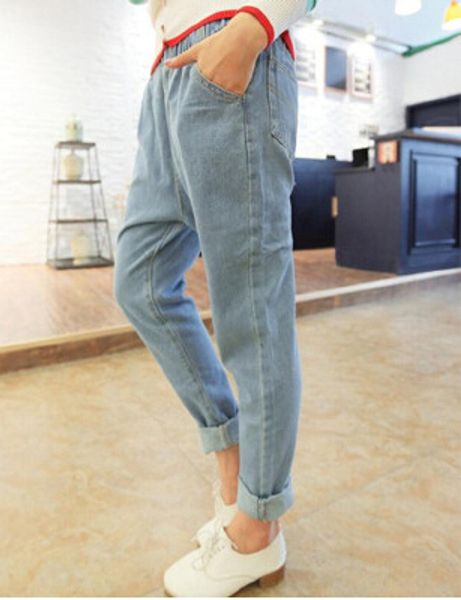 

wholesale- new arrival fashion boyfriend jeans for women casual elastic waist white retro washing jeans denim harem pants plus size, Blue
