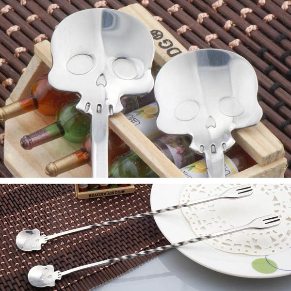 

wholesale- stainless steel multifunction tableware skull shape long handle spoon+dessert cake forks double two uses honey ladle pc877198