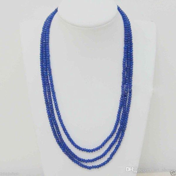 

3 rows genuine natural 5x8mm faceted brazil sapphire beads necklace, Silver