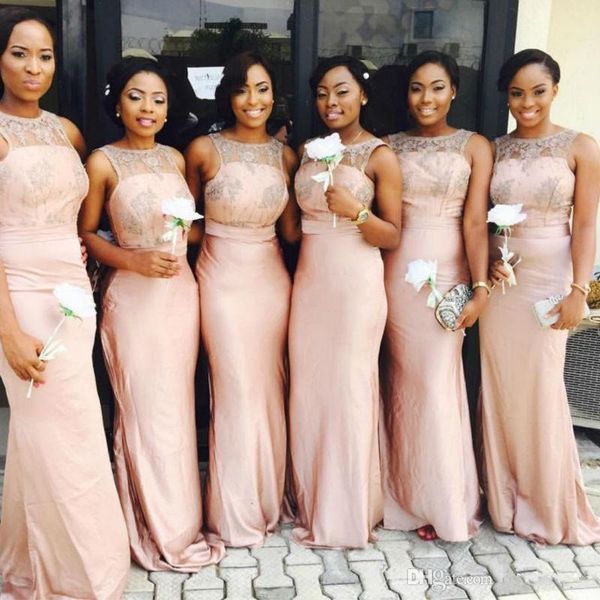 Nigerianische afrikanische Brautjungfernkleider mit rosa Spitze und Applikation, lange Hochzeits-Abend-Party-Kleider, Party-Kleider, maßgeschneiderte Hochzeitsgast-Kleider