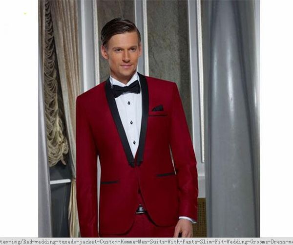 Acheter Veste De Smoking De Mariage Rouge Custom Homme Hommes Costumes Avec Pantalon Slim Fit Mariage Grooms Robe Hommes Costume Veste De Lapin Châle