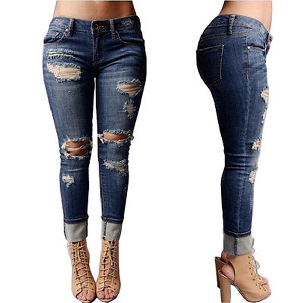 

wholesale- 2016 new cotton ripped holes jeans woman slim look harem boyfriends fit women jeans female highwaist denim trousers roll up hem, Blue