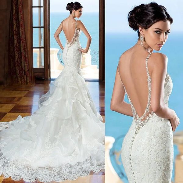 

2021 beautiful backless wedding dress sweetheart lace mermaid gown beaded straps low back with ruffled skirt detail, White