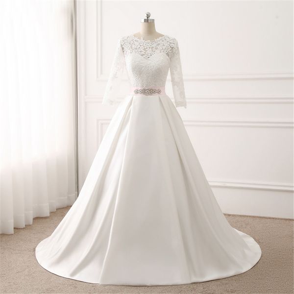 

ball gown long sleeve sashes wedding dresses appliques lace scoop puffy backless bridal gowns vestido de noiva, White