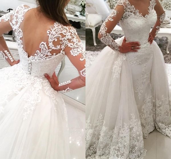 

2017 luxury overskirts a line wedding dresses jewel neck long sleeves lace appliques pearl crystal beaded puffy tulle plus size bridal gowns, White
