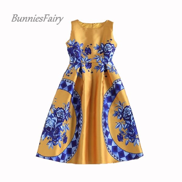 

wholesale- bunniesfairy 2017 spring summer new trendy ladies retro vintage token floral print high waist a-line sleeveless midi dress, White;black
