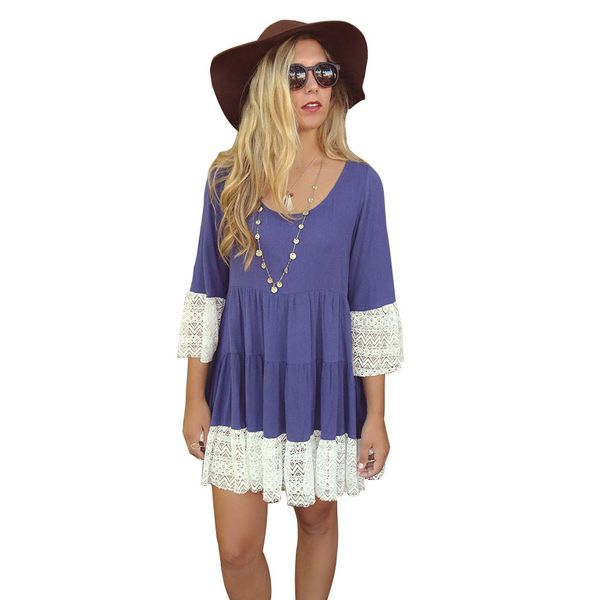 

женская мода плюс размер s-xl кружева хлопок повседневная dress 3 / 4sleeve sexy loose bohemian dress soft fabric free shippin, Black;gray