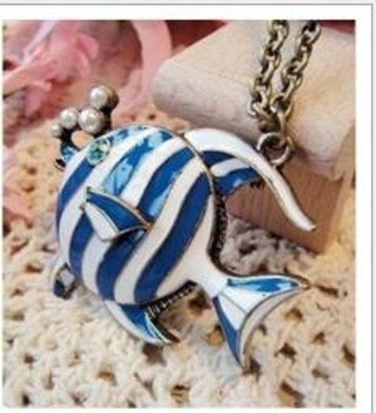 

women long necklace charms rurope blue tropical fish pendant bronze necklace chain charm link bronze sweater blue fish pendant necklaces, Silver